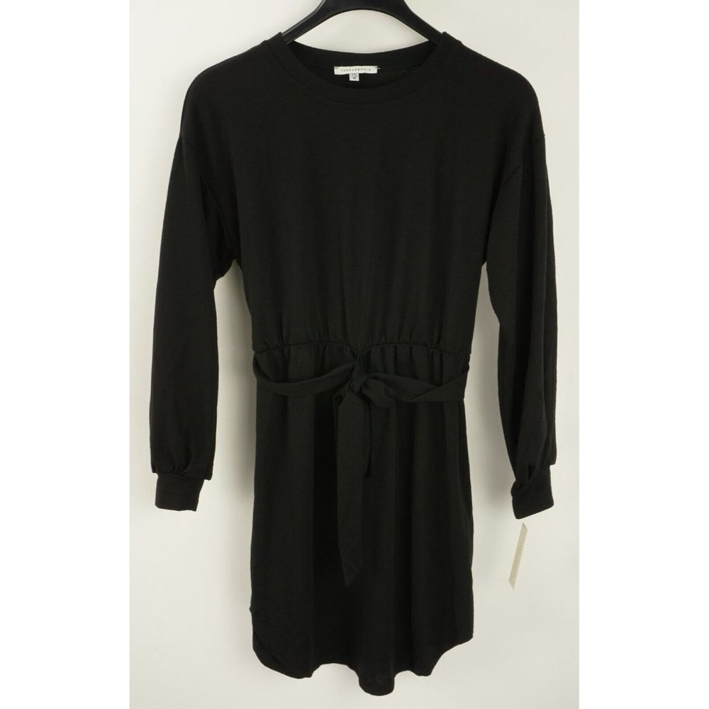 New Tash+Sophie Women's Sz M Long Sleeve Black Knit Tie Waist Pleated Mini Dress